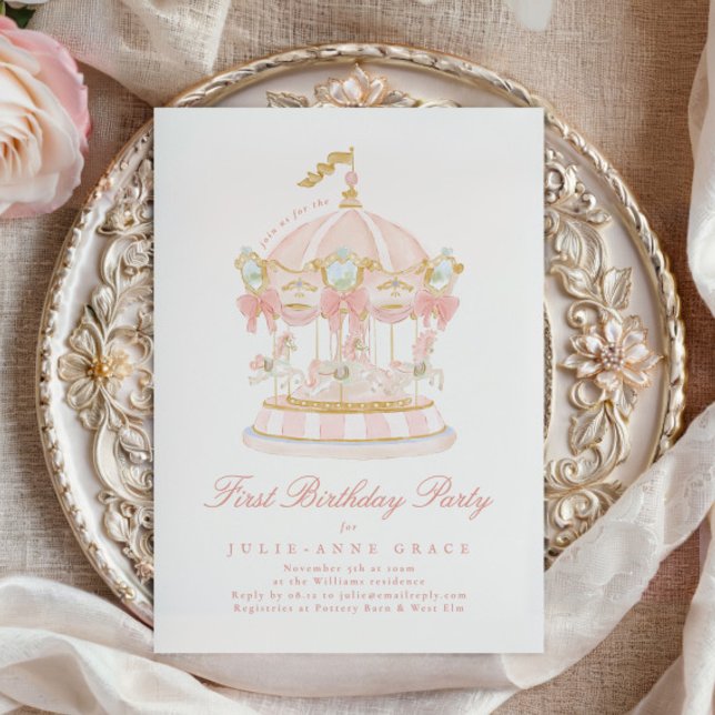 Invitation Fairytale Blush Rose Girl Carousel fête d'annivers (Créateur téléchargé)