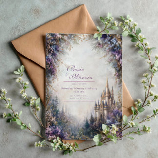 Invitation Fairytale Castle Purple Floral Misty Wedding