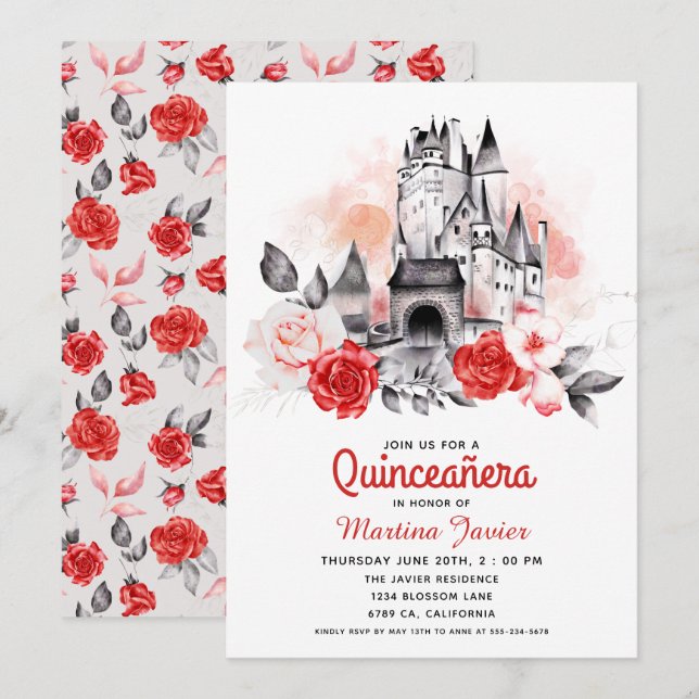 Invitation Fairytale Castle Quinceañera Rose rouge15e anniver (Devant / Derrière)