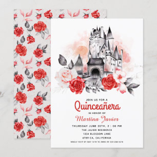 Invitation Fairytale Castle Quinceañera Rose rouge15e anniver