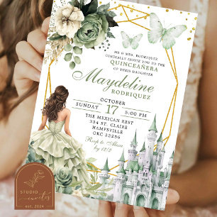 Invitation Fairytale Castle Sage Green Floral Quinceanera