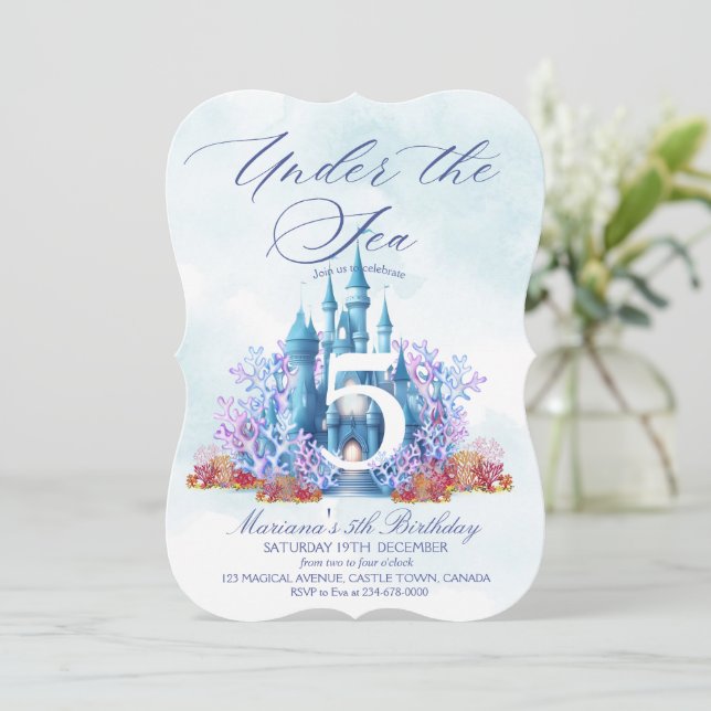 Invitation Fairytale Castle Underwater Watercolor Birthday  (Debout devant)