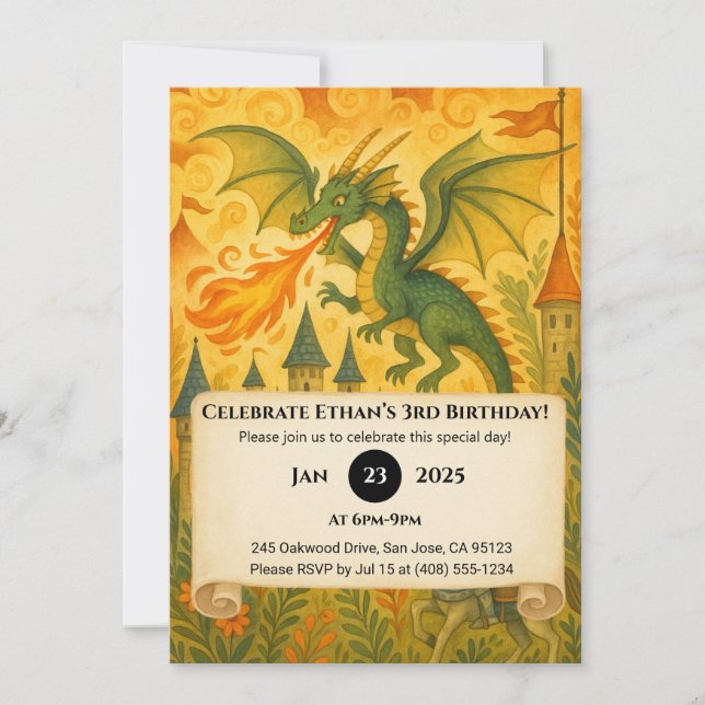 Invitation Fairytale Dragon and Knight Illustration Anniversa (Devant)