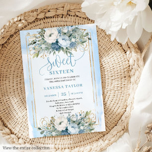 Invitation Fairytale Dusty Bleu Bleu Fleurs d'or doux 16