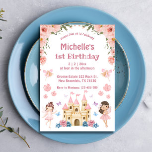 Invitation Fairytale et château rose floral 1er anniversaire