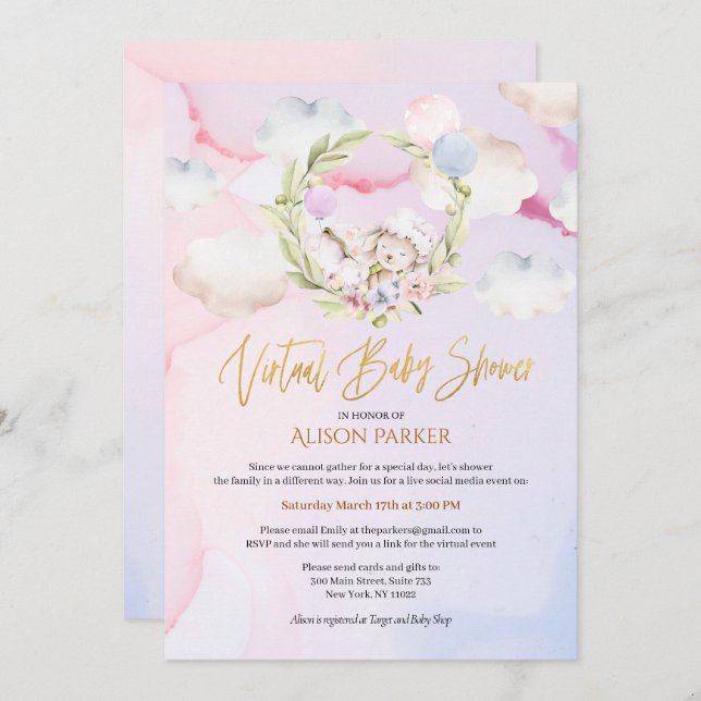 Invitation Fairytale Forest Rabbit rose | Baby shower virtuel (Devant / Derrière)