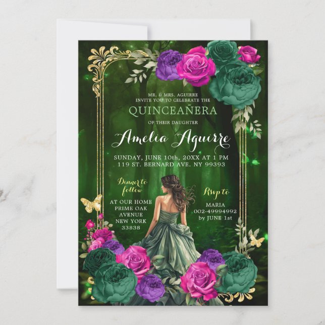 Invitation Fairytale Forêt Magique Lilac Green Quinceañera (Devant)