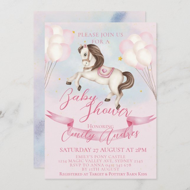 Invitation Fairytale Pony Stars Baby shower de ballons roses (Devant / Derrière)