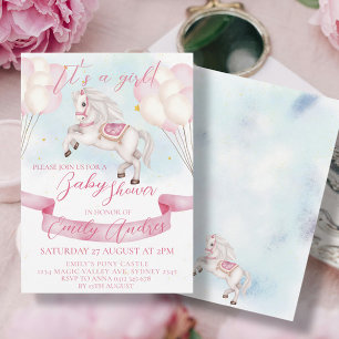 Invitation Fairytale Pony Stars Baby shower de ballons roses
