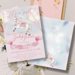 Invitation Fairytale Pony Stars Baby shower de ballons roses