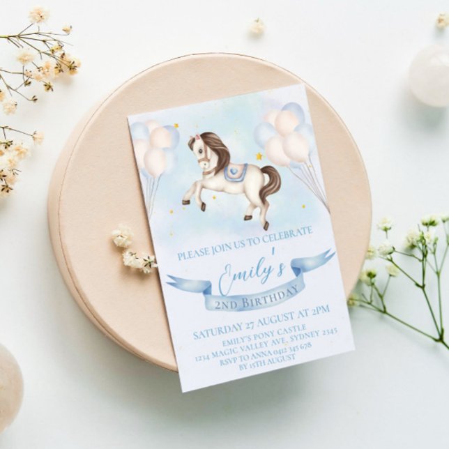 Invitation Fairytale Pony Stars Bleus Ballons Anniversaire (Créateur téléchargé)