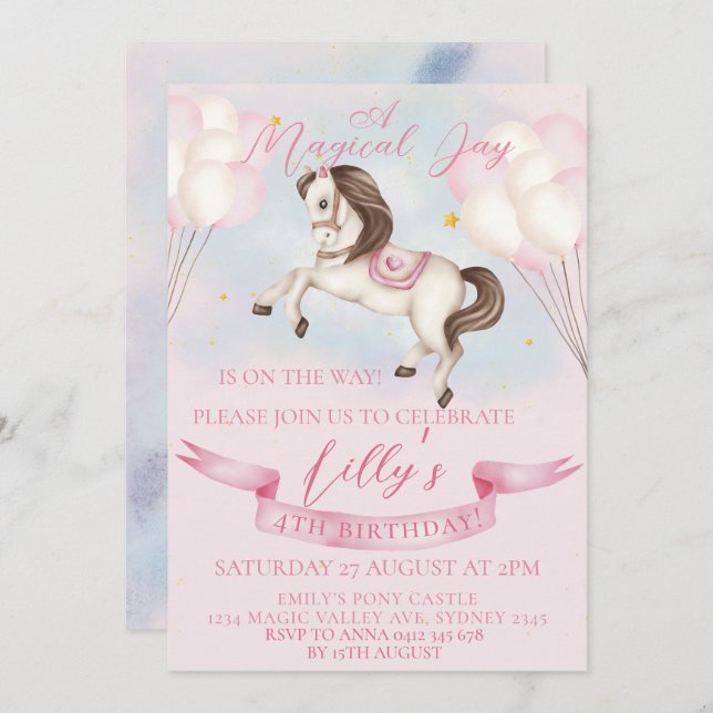 Invitation Fairytale Pony Stars Pink Balons Anniversaire (Devant / Derrière)