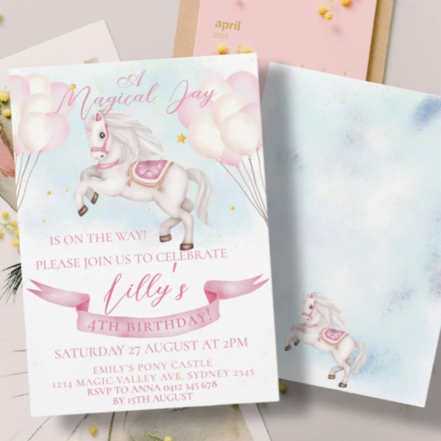 Invitation Fairytale Pony Stars Pink Balons Anniversaire (Créateur téléchargé)