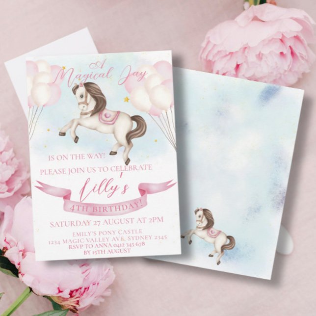 Invitation Fairytale Pony Stars Pink Balons Anniversaire (Créateur téléchargé)