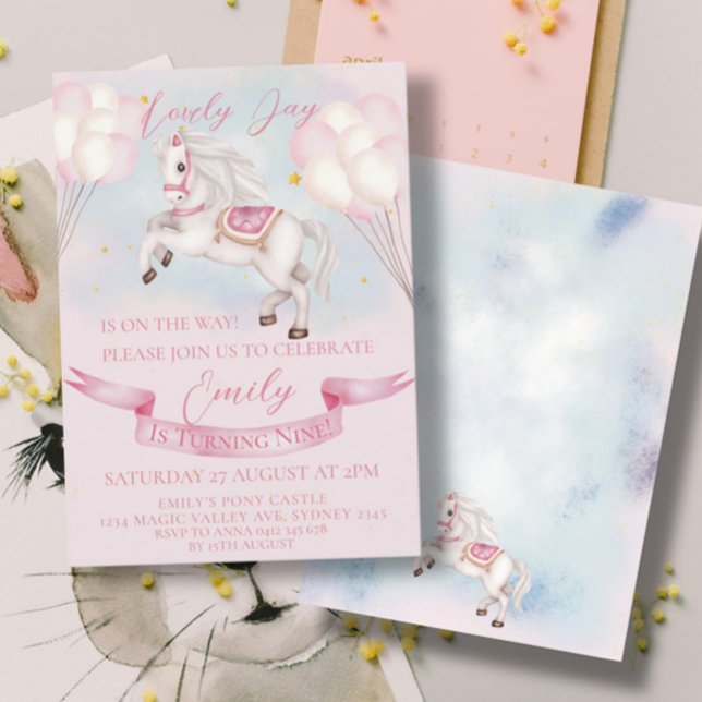 Invitation Fairytale Pony Stars Pink Balons Anniversaire (Créateur téléchargé)