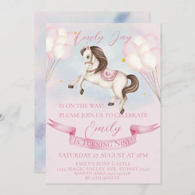 Invitation Fairytale Pony Stars Pink Balons Anniversaire (Devant / Derrière)