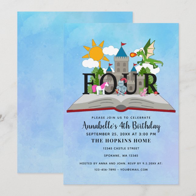 Invitation Fairytale Pop Up Book Kids Quatrième anniversaire (Devant / Derrière)