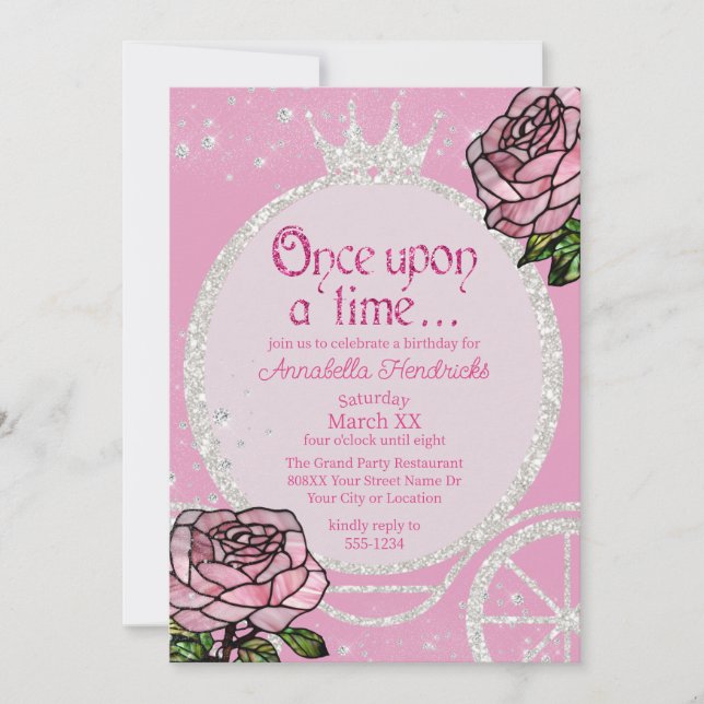 Invitation Fairytale Princess Carriage & Roses Rose (Devant)