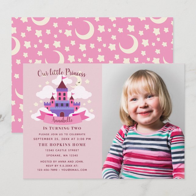 Invitation Fairytale Princess Castle Girls Photo Anniversaire (Devant / Derrière)