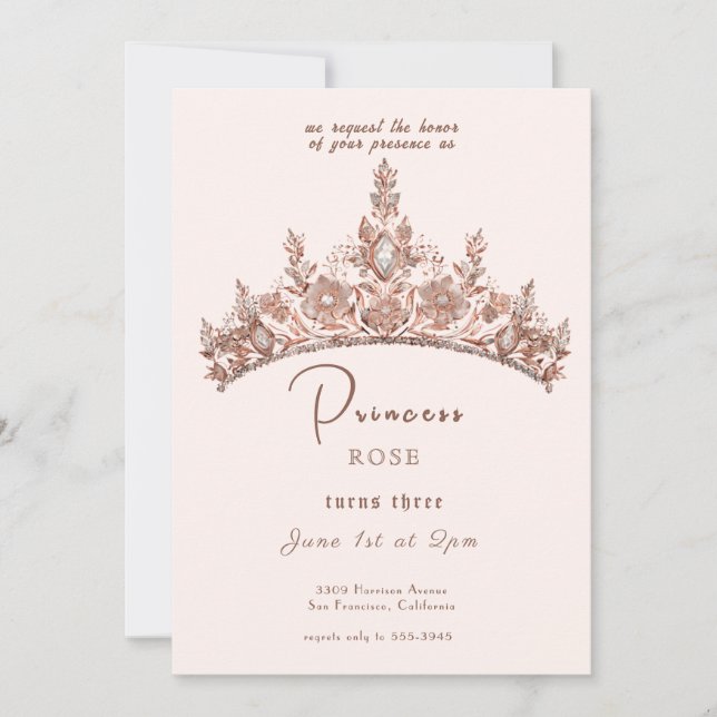 Invitation Fairytale Princess Crown Rose & Gold Anniversaire (Devant)
