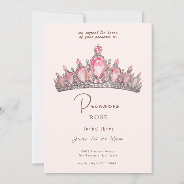 Invitation Fairytale Princess Crown Rose & Gold Anniversaire (Devant)