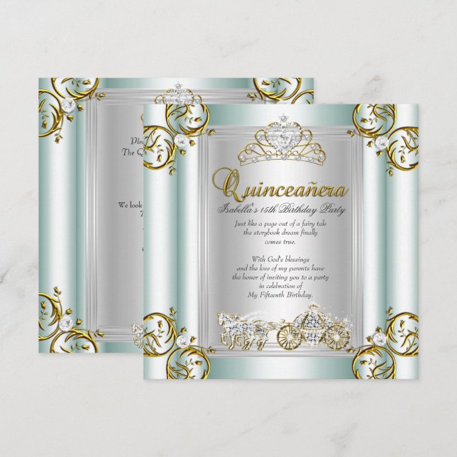 Invitation Fairytale Quinceanera 15e anniversaire Mint Blue (Devant / Derrière)