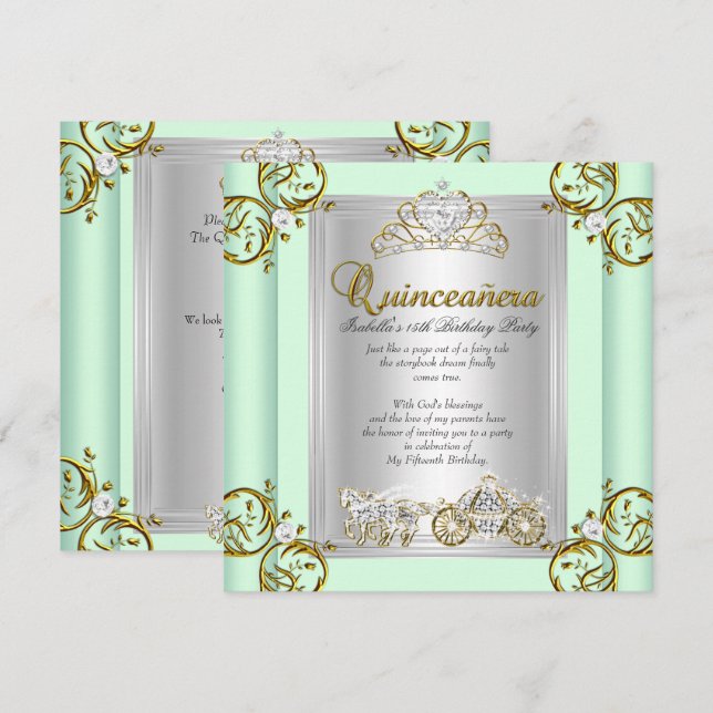 Invitation Fairytale Quinceanera 15e anniversaire Mint Green (Devant / Derrière)