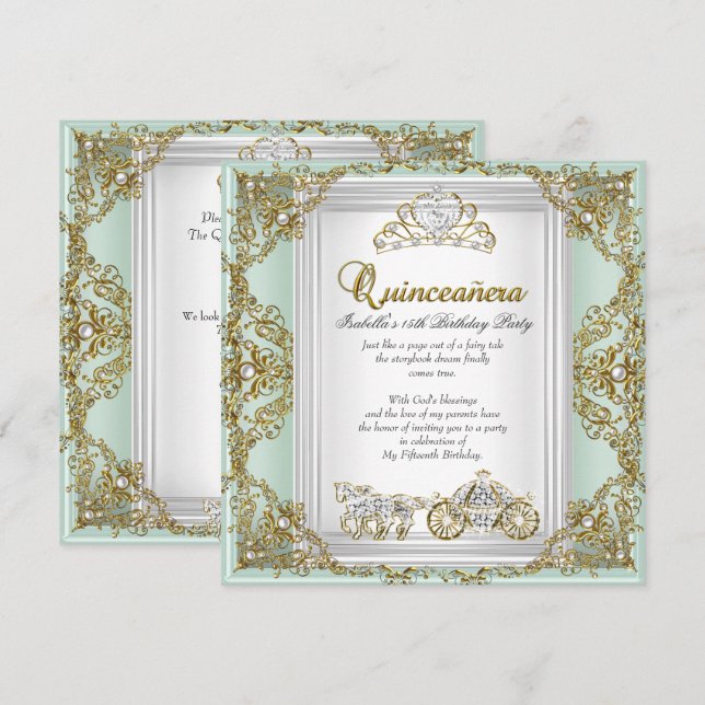 Invitation Fairytale Quinceanera 15e anniversaire Mint Green (Devant / Derrière)