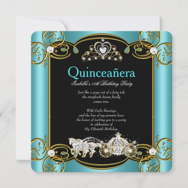 Invitation Fairytale Quinceanera 15e anniversaire Turquoise b (Devant)