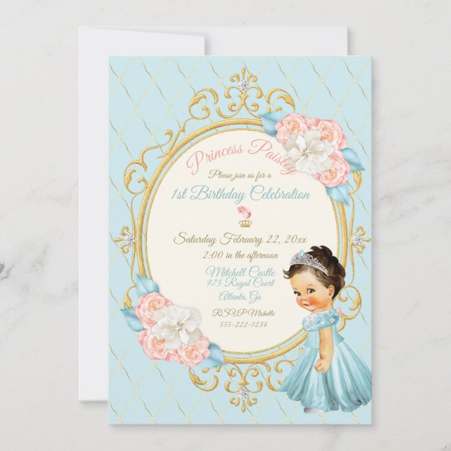 Invitation Fairytale Royal Princess Blush Gold Aqua Girl (Devant)