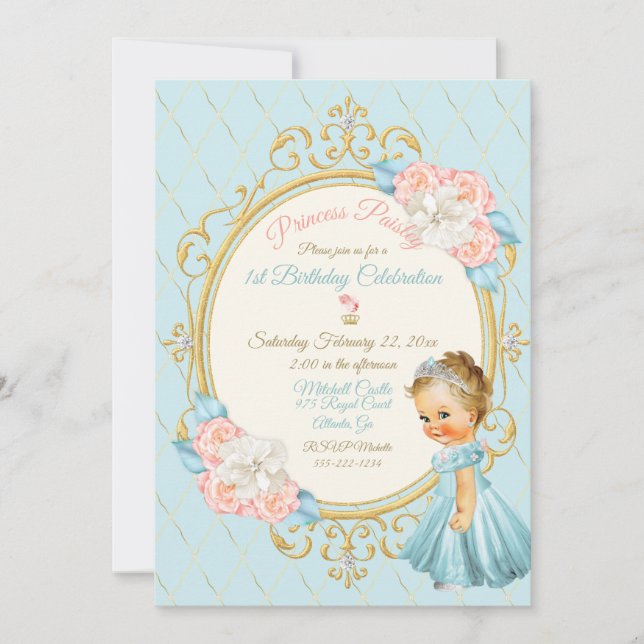 Invitation Fairytale Royal Princess Blush Gold Aqua Girl (Devant)