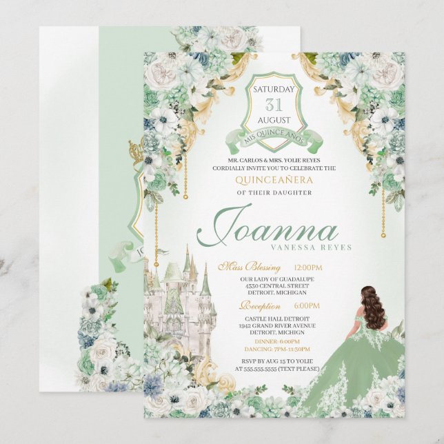Invitation Fairytale Royal Princess Light Mint Green Quince (Devant / Derrière)