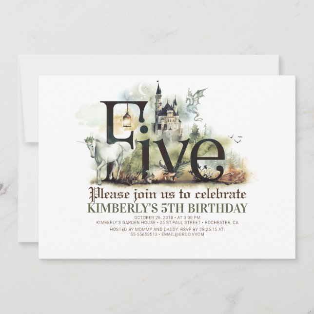 Invitation Fairytale Unicorn Dragon Magic Castle 5e anniversa (Devant)
