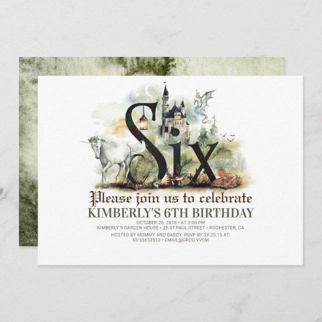 Invitation Fairytale Unicorn Dragon Magic Castle 6 Anniversai (Devant / Derrière)