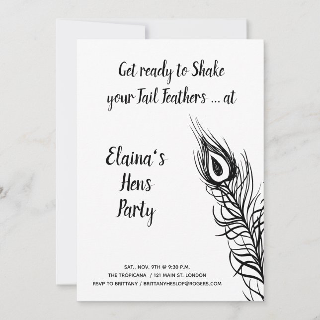 Invitation Fais bouger tes plumes de coq Party de filles noir (Devant)