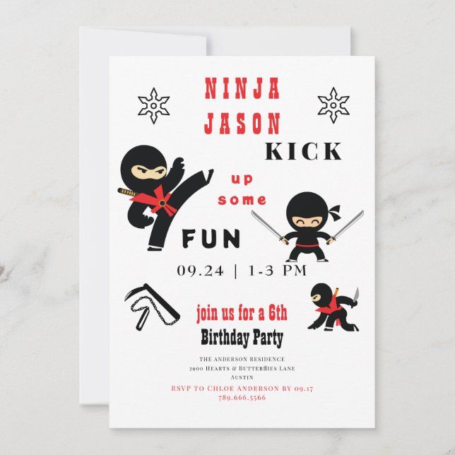 Invitation Fais monter le Fun Ninja Anniversaire Rouge et Noi (Devant)