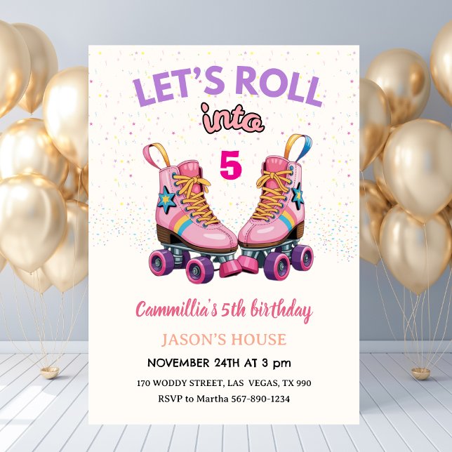Invitation Faisons du Roller pour les 5 ans de Cammillia  (Let's Roll into 5 Retro Roller Skate Birthday Invitation
)