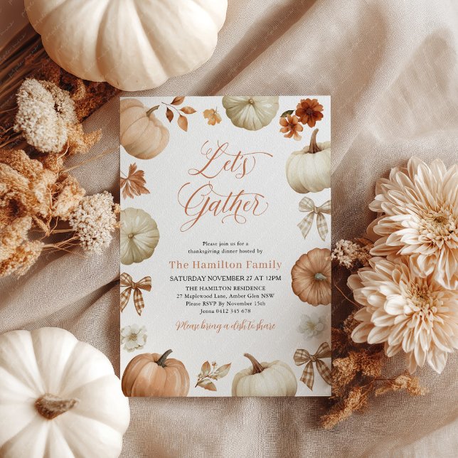 Invitation Faisons ensemble des arcs de citrouille pour le dî (Let's Gather! Thanksgiving invitation with rustic pumpkins and bows. )