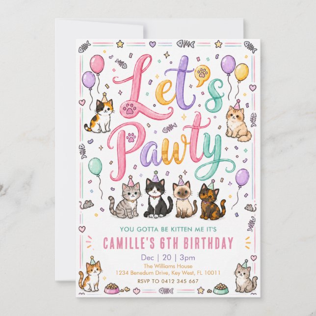 Invitation Faisons la Fête Anniversaire Chat Aquarelle Mignon (Devant)