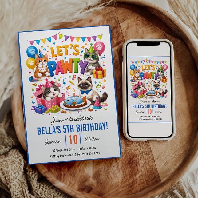 Invitation Faisons la fête au chat pour son 5e anniversaire | (Let’s Pawty Cat 5th Birthday | Cute Kitty Birthday Invitation
)