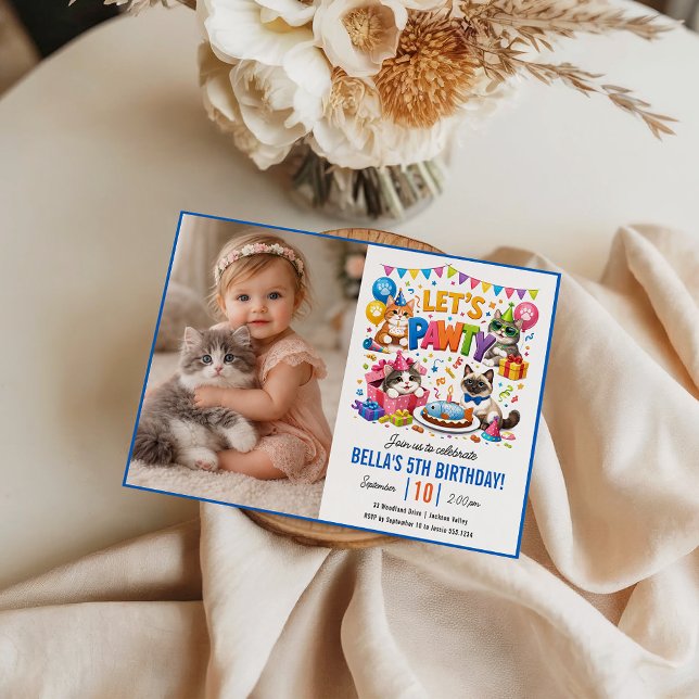 Invitation Faisons la fête au chat pour son 5e anniversaire | (Let’s Pawty Cat 5th Birthday | Cute Kitty Birthday Invitation
)