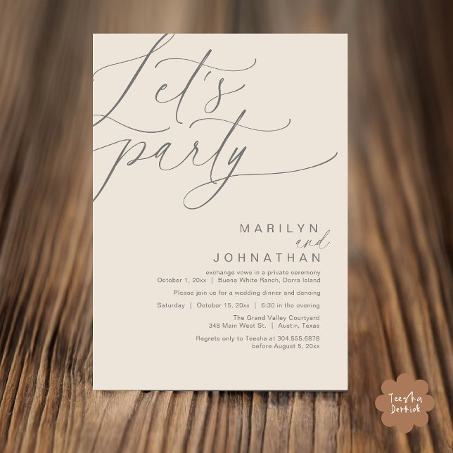 Invitation Faisons la fête avec joie après le dîner Mariage (Let's Party Happily Ever After Modern Romantic Wedding Dinner Invitation Card PDF Cream Grey)