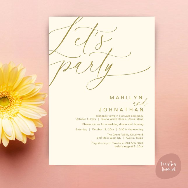 Invitation Faisons la fête avec joie après le dîner Mariage (Let's Party Happily Ever After Modern Romantic Wedding Dinner Invitation Card PDF Yellow Gold)