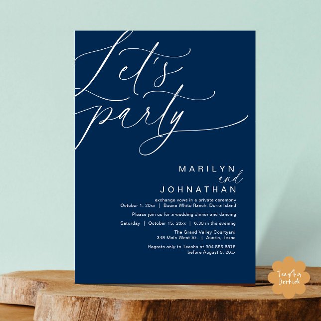 Invitation Faisons la fête avec joie après le dîner Mariage (Let's Party Happily Ever After Modern Romantic Wedding Dinner Invitation Card PDF Navy Blue)