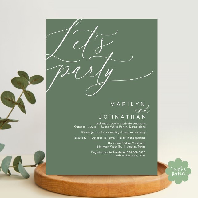 Invitation Faisons la fête avec joie après le dîner Mariage (Let's Party Happily Ever After Modern Romantic Wedding Dinner Invitation Card PDF Sage Green Forest)