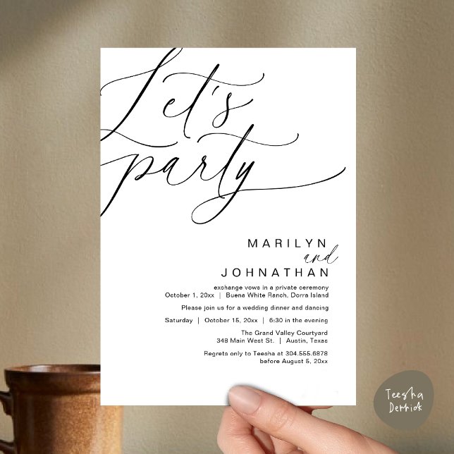 Invitation Faisons la fête avec joie après le dîner Mariage (Let's Party Happily Ever After Modern Romantic Wedding Dinner Invitation Card PDF White Black)