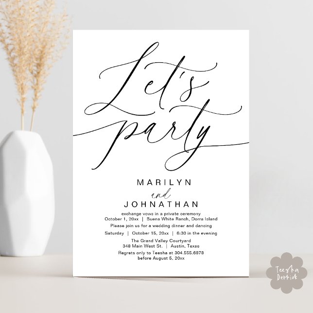 Invitation Faisons la fête avec joie après le dîner Mariage (Let's Party Happily Ever After Romantic Modern Wedding Dinner Invitation Card PDF White Black)