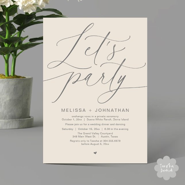 Invitation Faisons la fête avec joie après le dîner Mariage (Let's Party Happily Ever After Romantic Modern Wedding Dinner Invitation Card PDF Cream Grey)