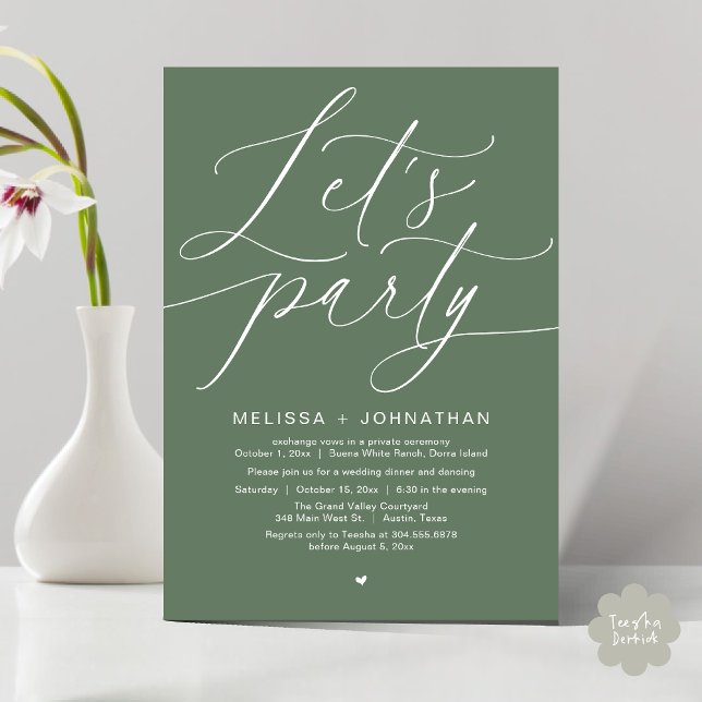 Invitation Faisons la fête avec joie après le dîner Mariage (Let's Party Happily Ever After Romantic Modern Wedding Dinner Invitation Card PDF Sage Green)