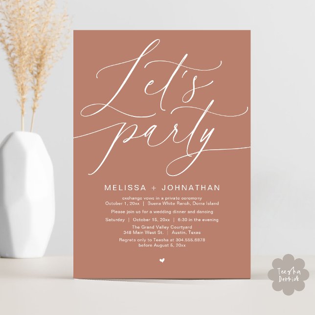 Invitation Faisons la fête avec joie après le dîner Mariage (Let's Party Happily Ever After Romantic Modern Wedding Dinner Invitation Card PDF Terracotta Earthy)